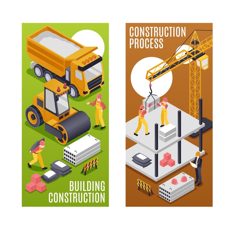 Vector conjunto de plantillas de pancartas verticales para equipos de construcción isométricos