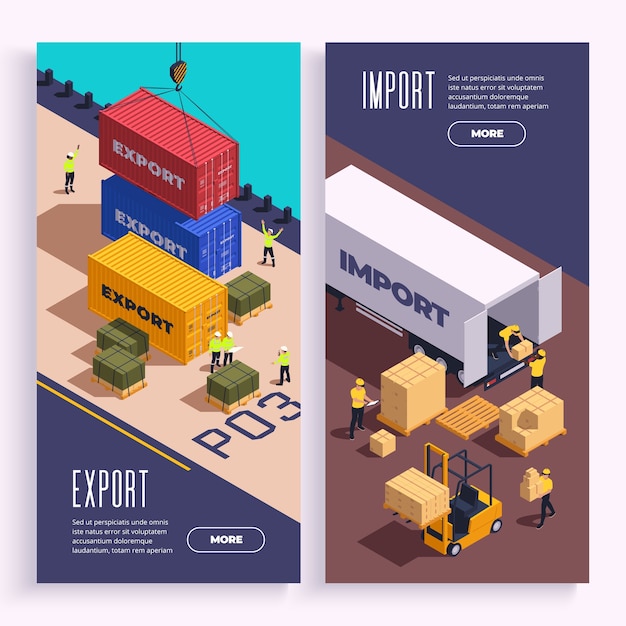 Conjunto de plantillas de pancartas verticales de exportación e importación isométricas