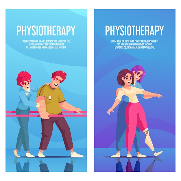 Conjunto de plantillas de pancartas verticales de fisioterapia planas dibujadas a mano
