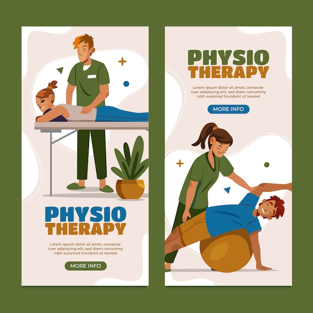 Vector conjunto de plantillas de pancartas verticales de fisioterapia planas dibujadas a mano