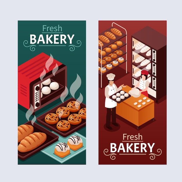 Conjunto de plantillas de pancartas verticales isométricas para panaderías