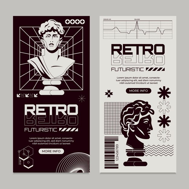 Conjunto de plantillas de pancartas verticales monocromáticas retro futuristas