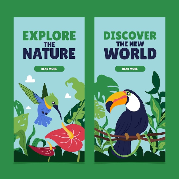 Conjunto de plantillas de pancartas verticales de paisajes de jungla plana