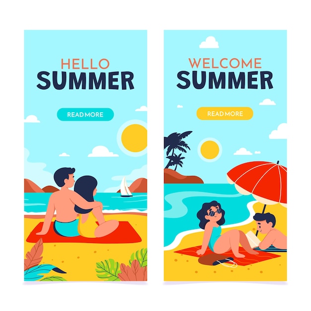 Conjunto de plantillas de pancartas verticales planas de verano dibujadas a mano
