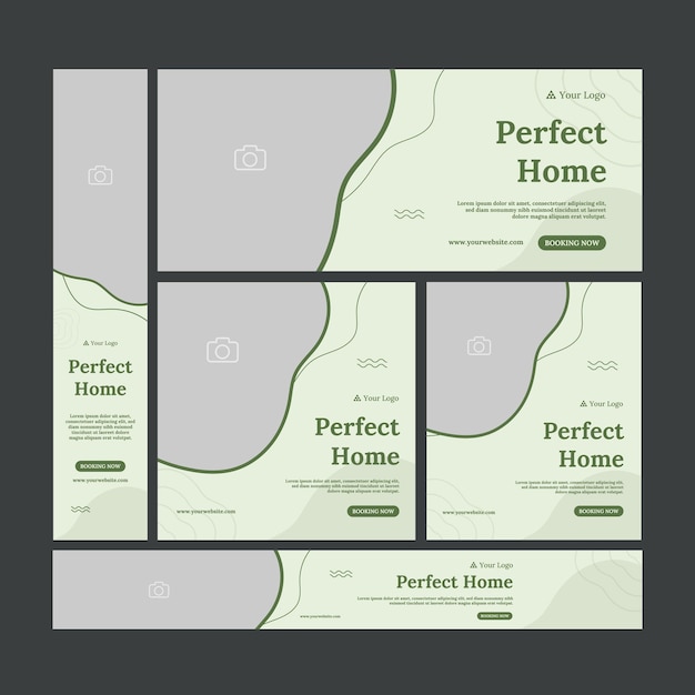 conjunto de plantillas de pancartas web de bienes raíces pancartas verticales horizontales cuadradas con área de lugar de foto