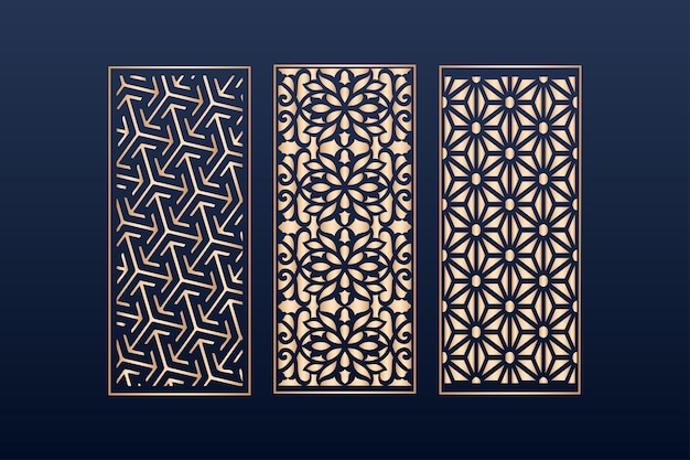 Conjunto de plantillas de panel de corte láser con patrones de bordes de encaje decorativo de patrón islámico vector