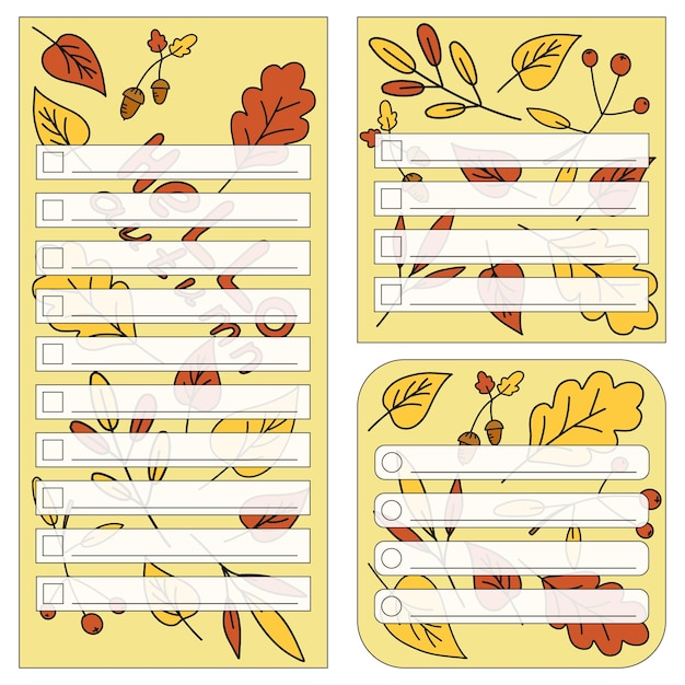 Un conjunto de plantillas de planificador de otoño con ilustraciones para planes de ideas de notas y seguimiento de presupuesto