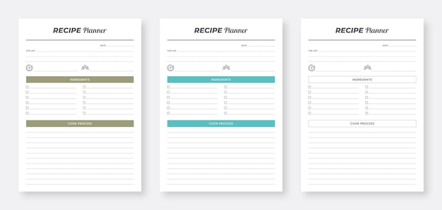 Conjunto de plantillas de planificador de tarjetas de recetas de planificador