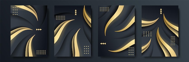 Conjunto de plantillas de portada abstracta en negro y dorado. Fondo moderno con combinación de formas geométricas y elementos dorados