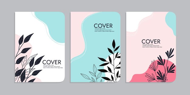 Vector conjunto de plantillas de portada de libro con decoraciones florales dibujadas a mano fondo abstracto botánico de belleza