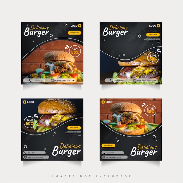 Vector conjunto de plantillas de publicación de redes sociales de comida de hamburguesa