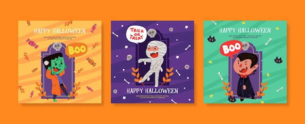 Conjunto de plantillas de publicación de redes sociales de halloween plano juguetón