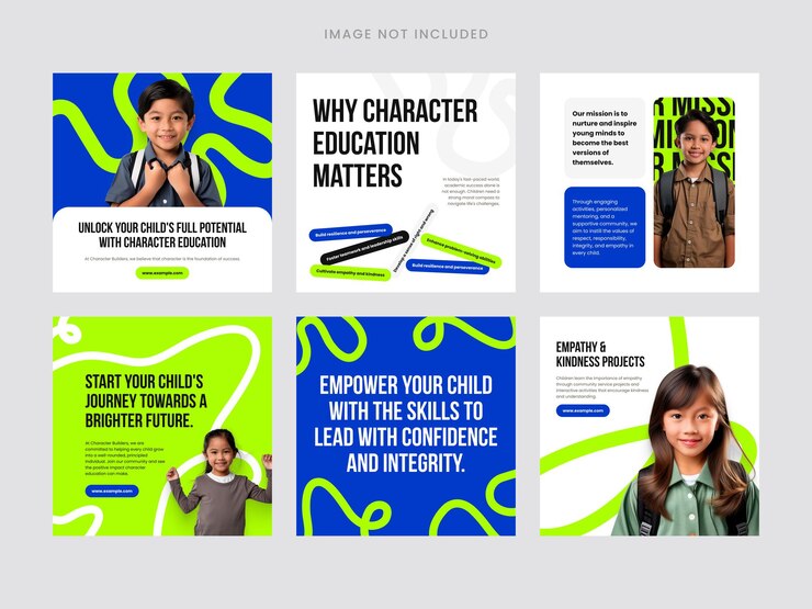 Conjunto de plantillas de publicaciones coloridas y atractivas en las redes sociales que promueven la educación del carácter para los niños