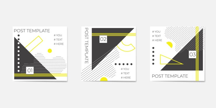 Vector conjunto para plantillas de publicaciones en redes sociales para cuentas personales y comerciales fondo blanco con elementos geométricos en colores negro y amarillo
