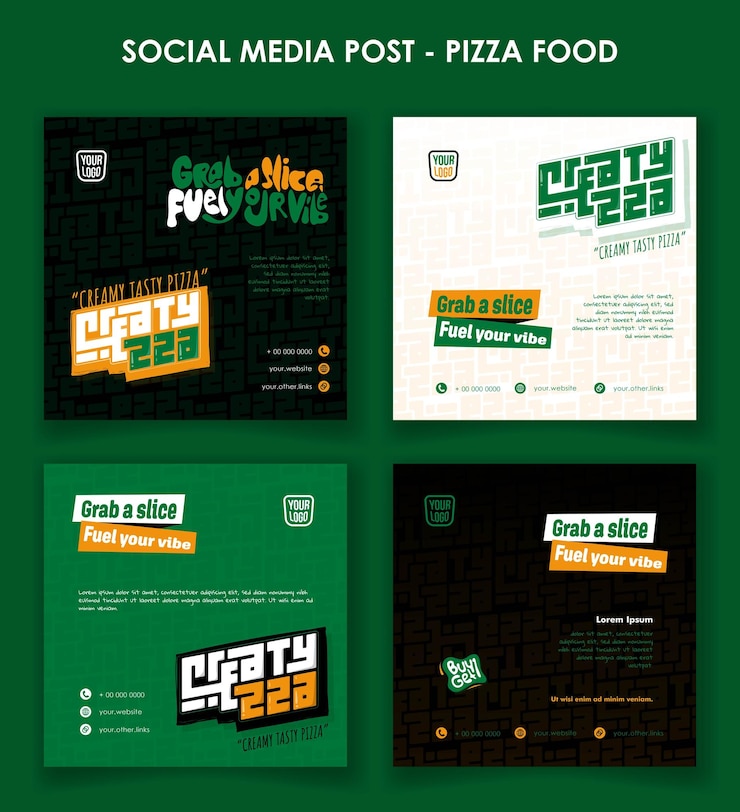 Vector conjunto de plantillas de publicaciones de redes sociales en fondo negro, verde y blanco con diseño de tipografía de pizza