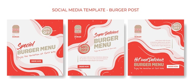 Vector conjunto de plantillas de publicaciones de redes sociales en fondo ondulado líquido rojo y blanco para publicidad de alimentos