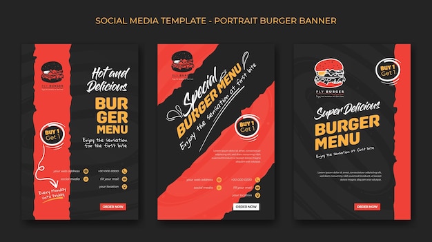 Vector conjunto de plantillas de publicaciones de redes sociales de retrato con diseño de icono de hamburguesa en fondo negro y rojo