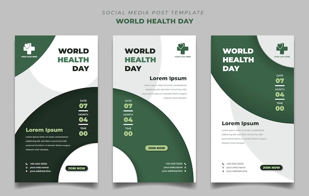 Conjunto de plantillas de redes sociales para el Día Mundial de la Salud con diseño de fondo en forma de círculo verde