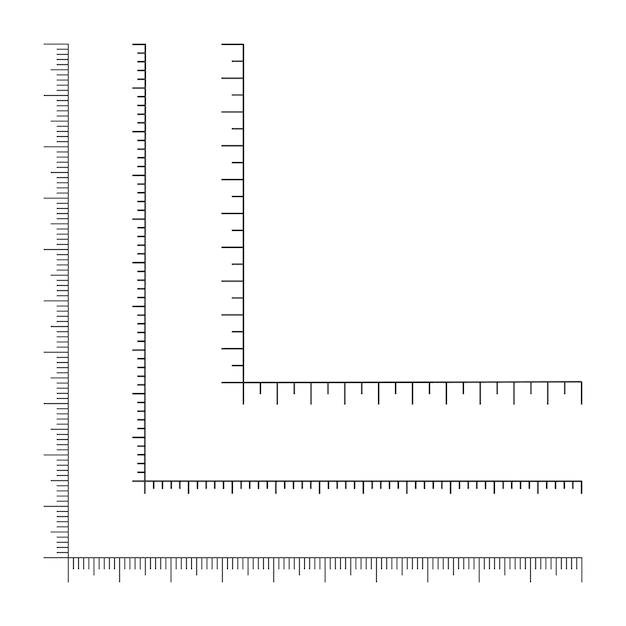 Conjunto de plantillas de regla de esquina. escalas de herramientas de medición graphic con líneas verticales y horizontales