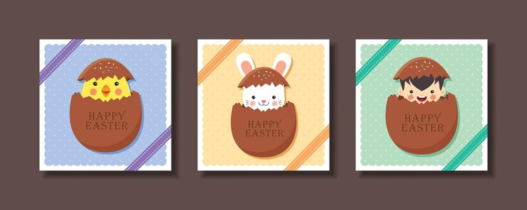 Conjunto de plantillas de saludo de Pascua Lindo conejo de pollito de dibujos animados y niño con huevo de Pascua de chocolate