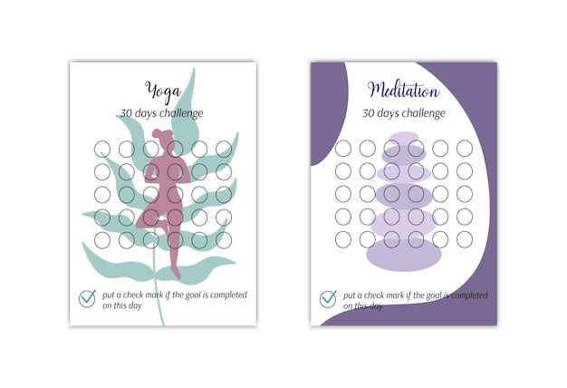 Conjunto de plantillas de seguimiento de hábitos de yoga y meditación Desafío personal de 30 días Espacios en blanco de seguimiento de hábitos de estilo de vida saludable Ilustración vectorial de la hoja de trabajo en papel para marcar el éxito en el mes