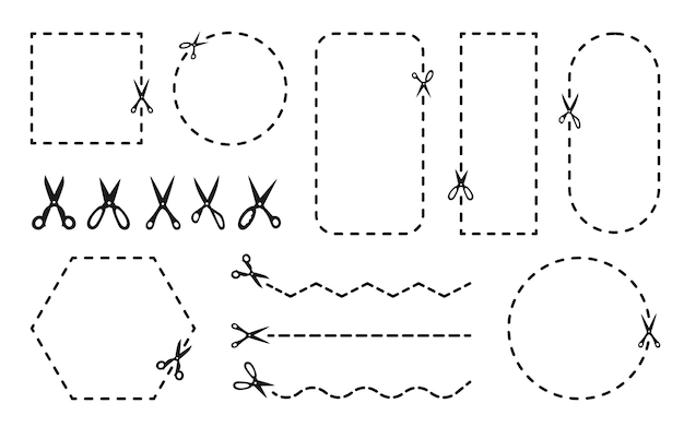 Conjunto de plantillas de silueta de tijera de corte punteado