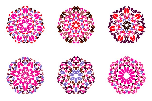 Conjunto de plantillas de símbolos heptágonos de mosaico floral aislado y abstracto adornado