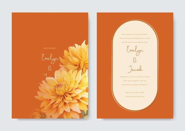 Conjunto de plantillas de tarjeta de invitación de boda acuarela naranja Boda floral dorada de crisantemo degradado