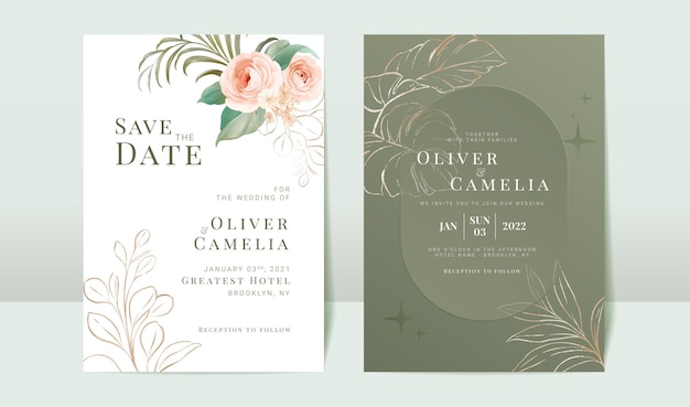 Conjunto de plantillas de tarjeta de invitación de boda de acuarela verde