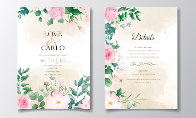 Conjunto de plantillas de tarjeta de invitación de boda hermoso marco floral