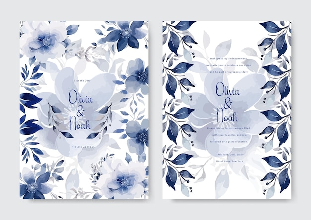 Conjunto de plantillas de tarjeta de invitación de boda de margarita azul acuarela Invitación de boda azul elegante