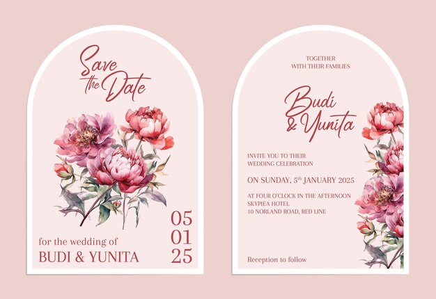 Conjunto de plantillas de tarjeta de invitación de boda vectorial moderno simple minimalista floral acuarela floral