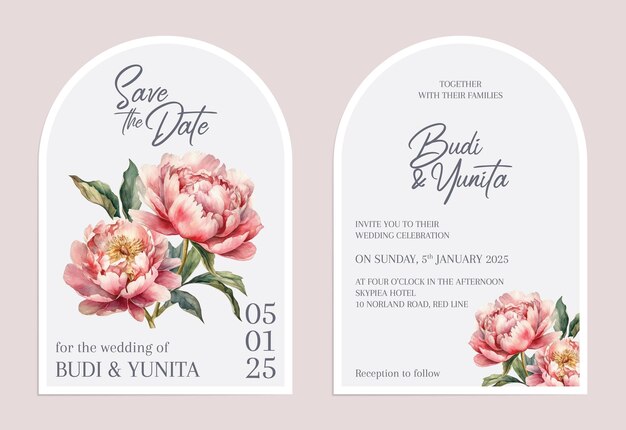 Conjunto de plantillas de tarjeta de invitación de boda vectorial moderno simple minimalista floral acuarela floral