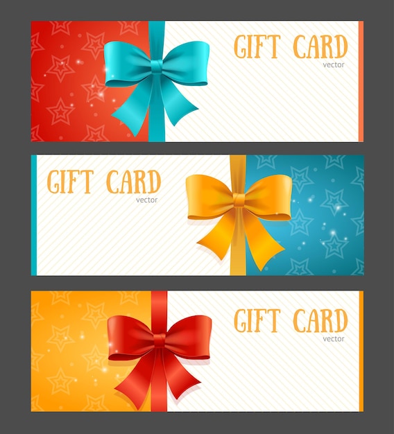 Vector conjunto de plantillas de tarjeta de regalo con lazo de color para un cumpleaños o celebración. ilustración vectorial