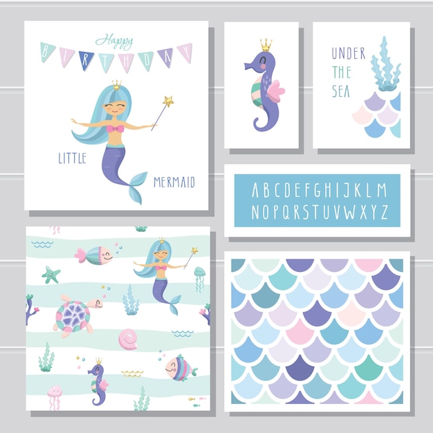 Vector conjunto de plantillas de tarjetas de cumpleaños de sirena