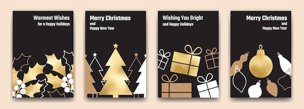 Conjunto de plantillas de tarjetas de felicitación de Año Nuevo y Navidad Diseño moderno con elemento navideño de lámina de oro