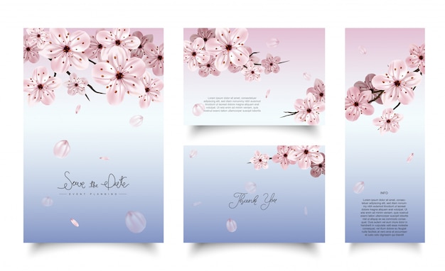 Vector conjunto de plantillas de tarjetas con flor de cerezo.