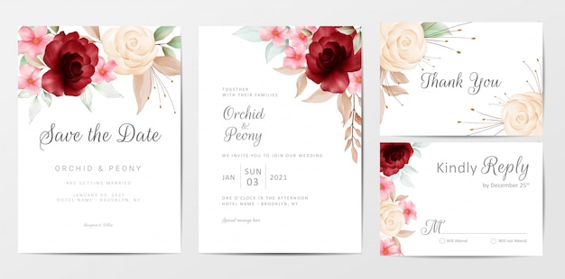 Conjunto de plantillas de tarjetas de invitación de boda elegantes flores acuarela