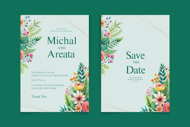 Conjunto de plantillas de tarjetas de invitación de boda de la Flor Verde