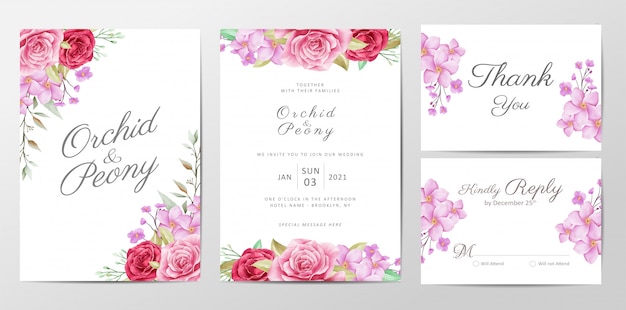 Conjunto de plantillas de tarjetas de invitación de boda flores lindas