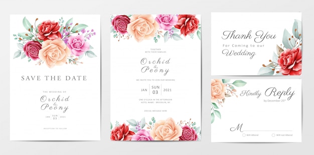 Conjunto de plantillas de tarjetas de invitación de boda hermosas flores