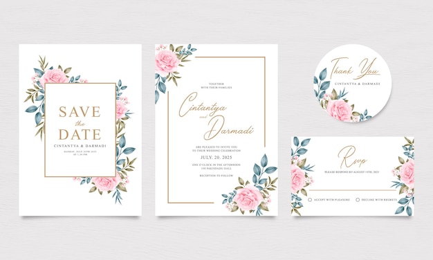 Conjunto de plantillas de tarjetas de invitación de boda con hermosas rosas y decoración de hojas de acuarela