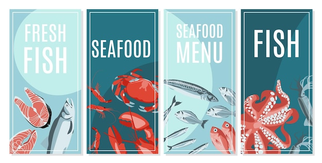 Conjunto de plantillas de tarjetas de mariscos frescos Menú de restaurante de mariscos diseño de tienda de mercado de pescado Empaquetado de banner promocional de volante con peces marinos nutritivos naturales y criaturas ilustración vectorial plana