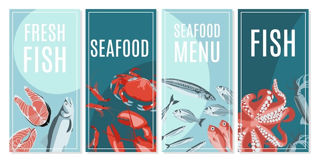 Vector conjunto de plantillas de tarjetas de mariscos frescos menú de restaurante de mariscos diseño de tienda de mercado de pescado empaquetado de banner promocional de volante con peces marinos nutritivos naturales y criaturas ilustración vectorial plana