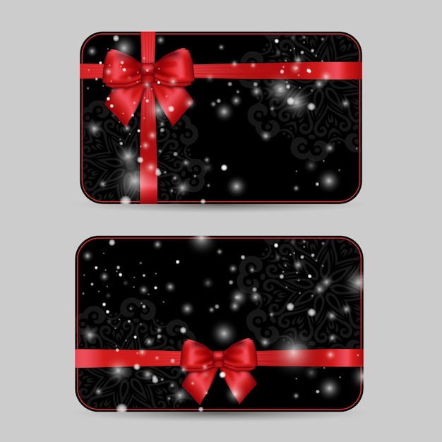 Conjunto de plantillas de tarjetas ornamentales con lazo de cinta de satén rojo festivo brillante