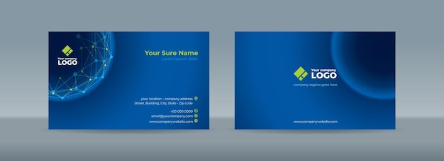 Conjunto de plantillas de tarjetas de visita de dos caras con puntos verdes conectados por líneas sobre un fondo azul