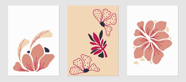 Conjunto de plantillas de tendencias formas de carteles de plantas abstractas y elementos botánicos minimalistas dibujados a mano