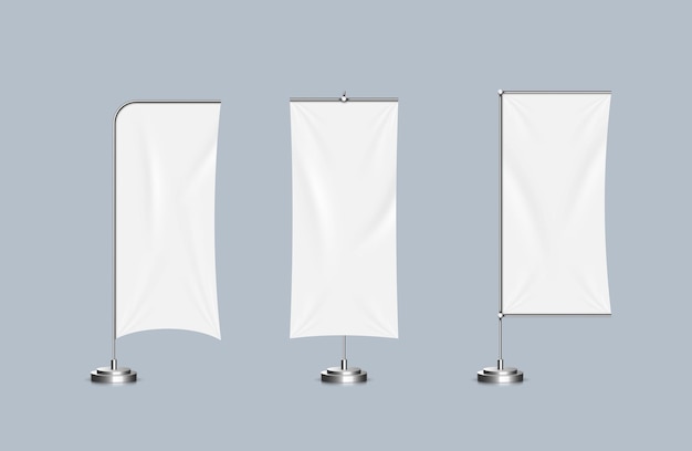 Vector conjunto de plantillas vacías de soporte de bandera de playa adv en blanco blanco 3d realista y detallado para publicidad al aire libre