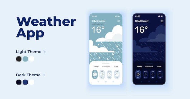 Conjunto de plantillas vectoriales de interfaz de teléfono inteligente de dibujos animados de previsión. nublado por el clima. día de la página de la pantalla de la aplicación móvil y diseño del modo oscuro. interfaz de usuario meteorológica para la aplicación. pantalla de teléfono con carácter plano