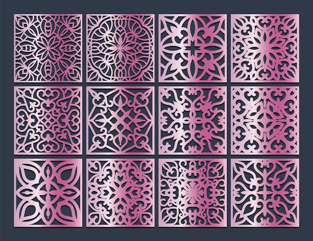 Conjunto de plantillas vectoriales de Lotus Mandala para cortar e imprimir adornos orientales de posavasos cortados con láser